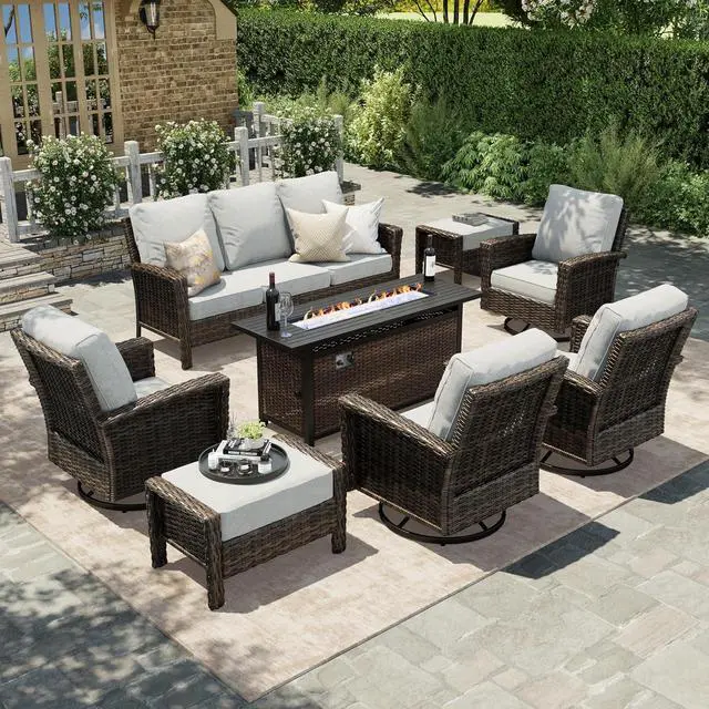Main image of HERA'S HOUSE 8-Piece Patio Furniture Set with Fire Pit, Grey | Outdoor High Back Swivel Chairs w/5.5" Thick Cushions, All-Weather Wicker Conversation Sofa Sets, for Deck Lawn & Garden