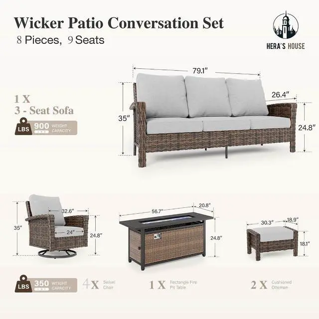 Alt view image 2 of 7 - HERA'S HOUSE 8-Piece Patio Furniture Set with Fire Pit, Grey | Outdoor High Back Swivel Chairs w/5.5" Thick Cushions, All-Weather Wicker Conversation Sofa Sets, for Deck Lawn & Garden