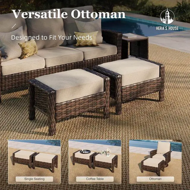 Alt view image 7 of 7 - HERA'S HOUSE 5-Piece Patio Furniture Set with High Back Chairs, Beige | Outdoor Wicker Conversation Sofa w/5.5" Thick Cushion. 2 Swivel Chairs &Couch & 2 Ottomans. for Deck Lawn Garden