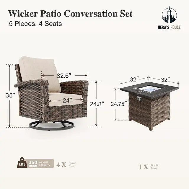 Alt view image 5 of 7 - HERA'S HOUSE 5-Piece Patio Furniture Set with Fire Pit, Beige | High Back Outdoor Swivel Chairs, Wicker Conversation Sets with 5.5" Thick Cushions, All-Weather Deep Seating Sofa for Deck