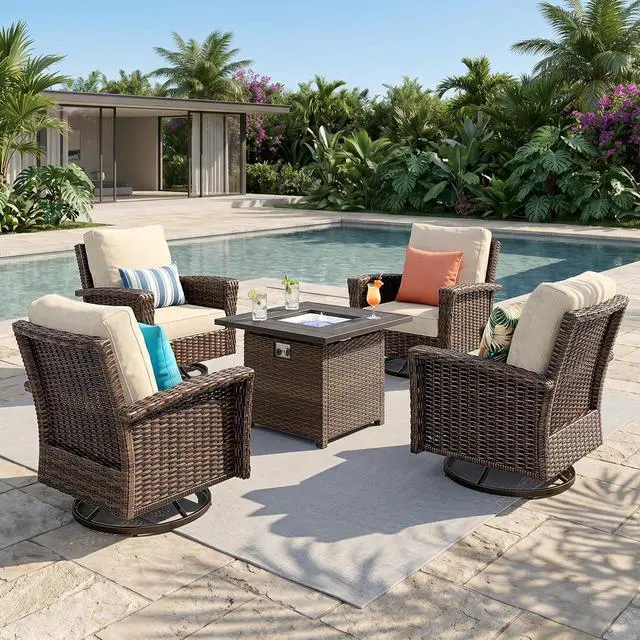 Main image of HERA'S HOUSE 5-Piece Patio Furniture Set with Fire Pit, Beige | High Back Outdoor Swivel Chairs, Wicker Conversation Sets with 5.5" Thick Cushions, All-Weather Deep Seating Sofa for Deck