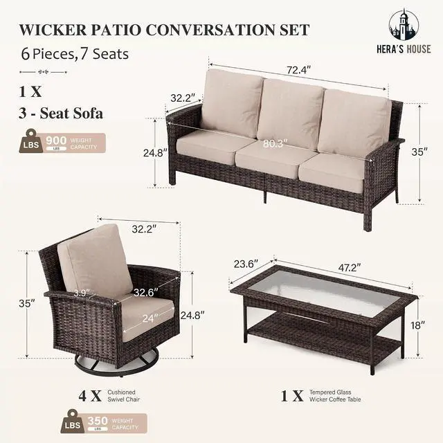 Alt view image 6 of 7 - HERA'S HOUSE 7-Seat Patio Furniture Set with High Back Chairs, Beige | Outdoor Wicker Conversation Sofa w/5.5" Thick Cushion. 4 Swivel Chairs +Couch +Coffee Table. for Deck Lawn Garden