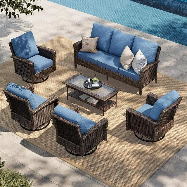 Main image of HERA'S HOUSE 7-Seat Patio Furniture Set with High Back Chairs, Blue | Outdoor Wicker Conversation Sofa w/5.5" Thick Cushion. 4 Swivel Chairs +Couch +Coffee Table. for Deck Lawn Garden