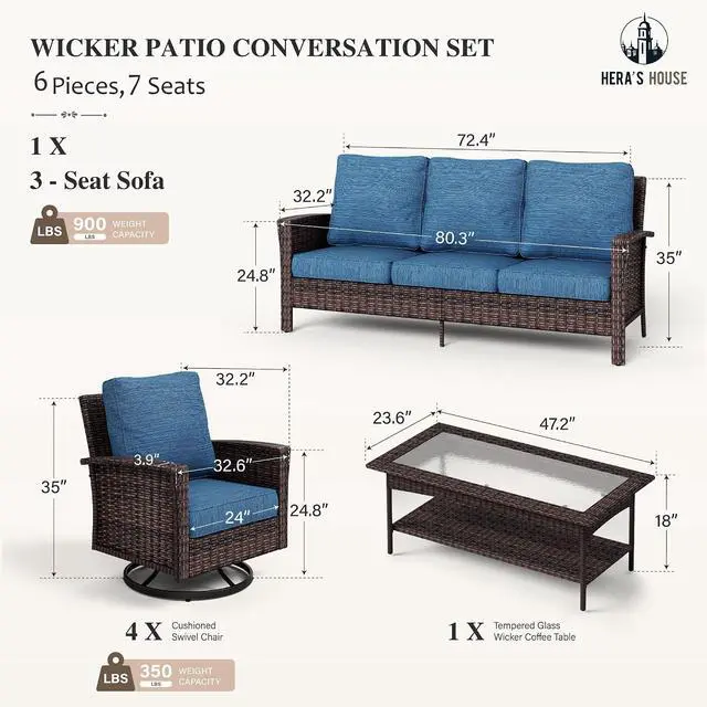 Alt view image 6 of 7 - HERA'S HOUSE 7-Seat Patio Furniture Set with High Back Chairs, Blue | Outdoor Wicker Conversation Sofa w/5.5" Thick Cushion. 4 Swivel Chairs +Couch +Coffee Table. for Deck Lawn Garden