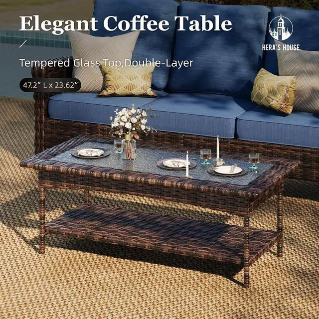 Alt view image 5 of 7 - HERA'S HOUSE 7-Seat Patio Furniture Set with High Back Chairs, Blue | Outdoor Wicker Conversation Sofa w/5.5" Thick Cushion. 4 Swivel Chairs +Couch +Coffee Table. for Deck Lawn Garden
