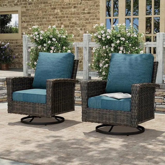 Main image of HERA'S HOUSE Patio Furniture with High Back Swivel Chairs, Blue | Outdoor Wicker Chairs Set of 2 with Coffee Table & 5.5" Thick Cushions, for Deck Porch Lawn & Garden