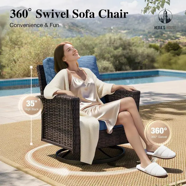 Alt view image 3 of 7 - HERA'S HOUSE Patio Furniture with High Back Swivel Chairs, Blue | Outdoor Wicker Chairs Set of 2 with Coffee Table & 5.5" Thick Cushions, for Deck Porch Lawn & Garden