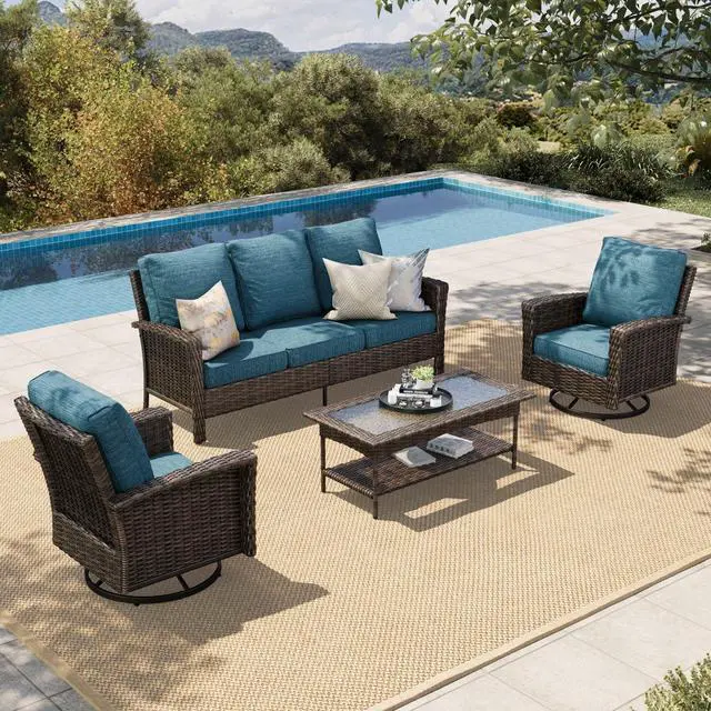 Main image of HERA'S HOUSE 4-Piece Patio Furniture Set with High Back Chairs, Blue | Outdoor Wicker Conversation Sofa Sets w/5.5" Thick Cushions. 2x Swivel Chairs +Couch +Coffee Table. for Deck Lawn & Garden