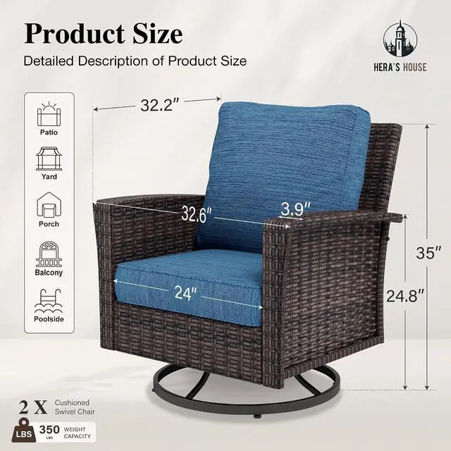 Alt view image 6 of 7 - HERA'S HOUSE Patio Furniture with High Back Swivel Chairs, Blue | Outdoor Wicker Chairs Set of 2 with Coffee Table & 5.5" Thick Cushions, for Deck Porch Lawn & Garden