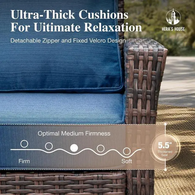 Alt view image 4 of 7 - HERA'S HOUSE Patio Furniture with High Back Swivel Chairs, Blue | Outdoor Wicker Chairs Set of 2 with Coffee Table & 5.5" Thick Cushions, for Deck Porch Lawn & Garden