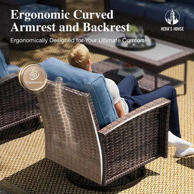Alt view image 7 of 7 - HERA'S HOUSE Patio Furniture with High Back Swivel Chairs, Blue | Outdoor Wicker Chairs Set of 2 with Coffee Table & 5.5" Thick Cushions, for Deck Porch Lawn & Garden