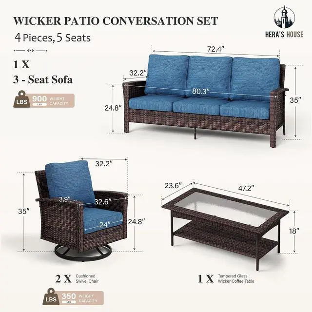 Alt view image 6 of 7 - HERA'S HOUSE 4-Piece Patio Furniture Set with High Back Chairs, Blue | Outdoor Wicker Conversation Sofa Sets w/5.5" Thick Cushions. 2x Swivel Chairs +Couch +Coffee Table. for Deck Lawn & Garden
