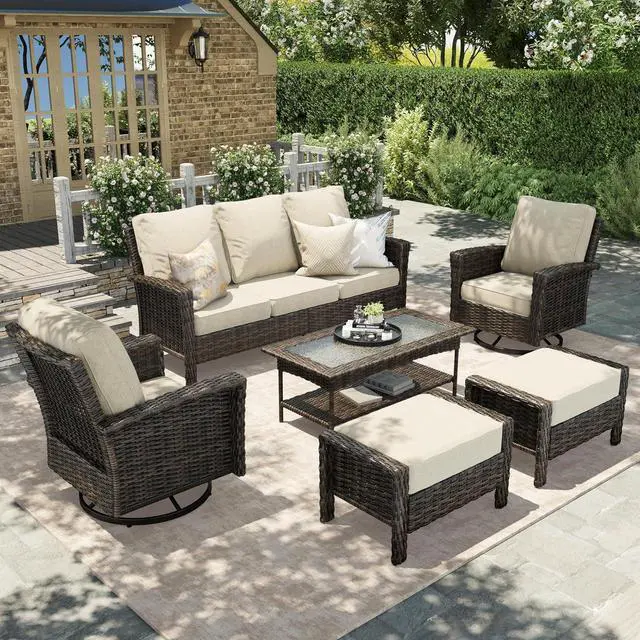 Main image of HERA'S HOUSE 6-Piece Patio Furniture Set with High Back Chairs, Beige | Outdoor Wicker Swivel Chairs w/5.5" Thick Cushion, Coffee Table &Ottomans, Deck Lawn Garden Conversation Sofa