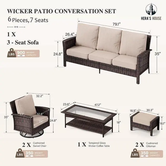 Alt view image 6 of 7 - HERA'S HOUSE 6-Piece Patio Furniture Set with High Back Chairs, Beige | Outdoor Wicker Swivel Chairs w/5.5" Thick Cushion, Coffee Table &Ottomans, Deck Lawn Garden Conversation Sofa