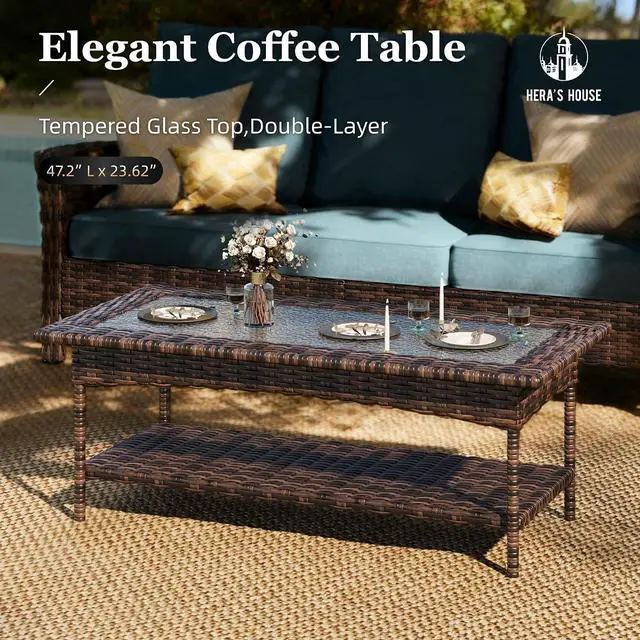Alt view image 5 of 7 - HERA'S HOUSE 4-Piece Patio Furniture Set with High Back Chairs, Blue | Outdoor Wicker Conversation Sofa Sets w/5.5" Thick Cushions. 2x Swivel Chairs +Couch +Coffee Table. for Deck Lawn & Garden