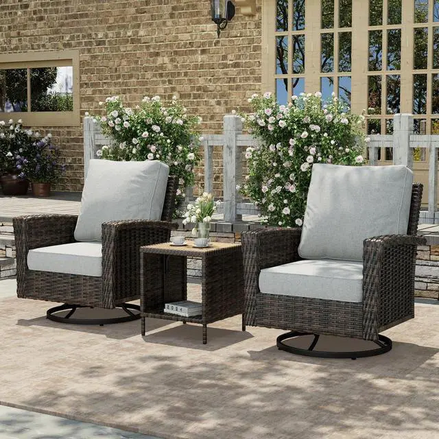Main image of HERA'S HOUSE 3-Piece Patio Furniture with High Back Swivel Chairs, Grey | Outdoor Wicker Chairs Set of 2 & Coffee Table, Deep Seating Sofa w/5.5" Thick Cushion, for Deck Porch Lawn Garden