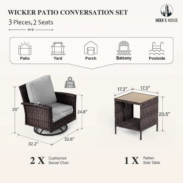 Alt view image 6 of 7 - HERA'S HOUSE 3-Piece Patio Furniture with High Back Swivel Chairs, Grey | Outdoor Wicker Chairs Set of 2 & Coffee Table, Deep Seating Sofa w/5.5" Thick Cushion, for Deck Porch Lawn Garden