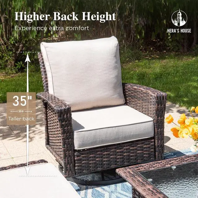 Alt view image 2 of 7 - HERA'S HOUSE Patio Furniture with High Back Swivel Chairs, Beige | Outdoor Wicker Chairs Set of 2 with Coffee Table & 5.5" Thick Cushion, for Deck Porch Lawn Garden