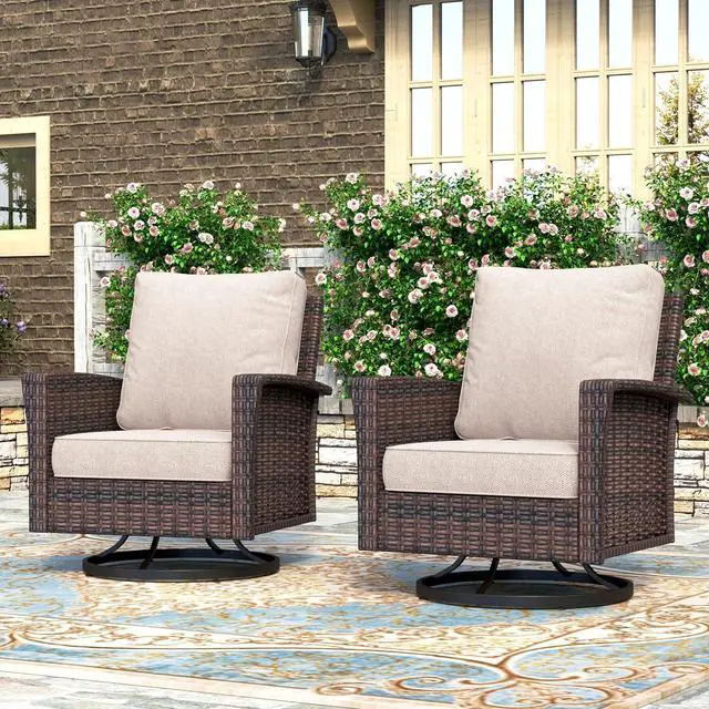 Main image of HERA'S HOUSE Patio Furniture with High Back Swivel Chairs, Beige | Outdoor Wicker Chairs Set of 2 with Coffee Table & 5.5" Thick Cushion, for Deck Porch Lawn Garden