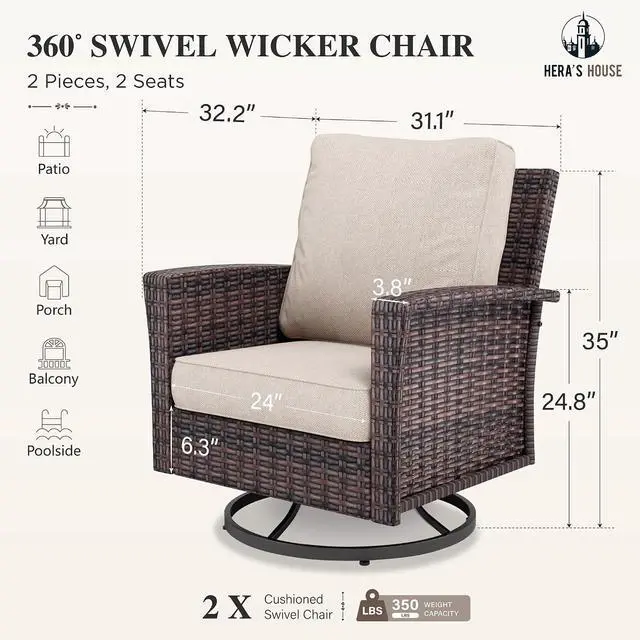 Alt view image 5 of 7 - HERA'S HOUSE Patio Furniture with High Back Swivel Chairs, Beige | Outdoor Wicker Chairs Set of 2 with Coffee Table & 5.5" Thick Cushion, for Deck Porch Lawn Garden