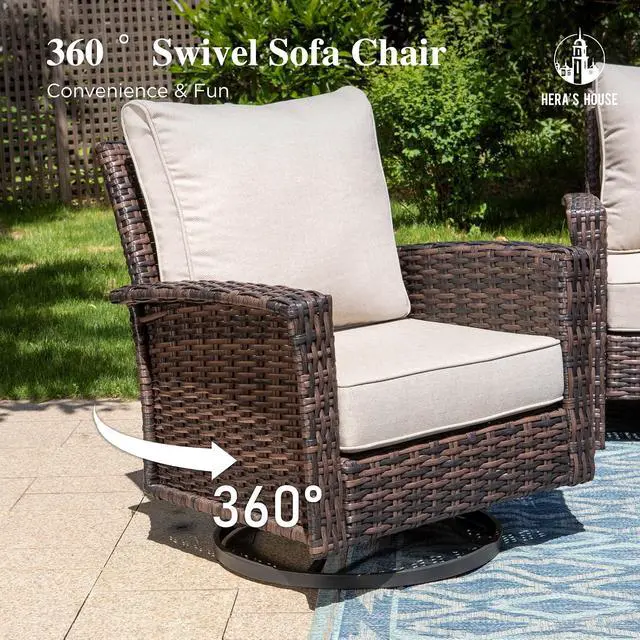 Alt view image 6 of 7 - HERA'S HOUSE Patio Furniture with High Back Swivel Chairs, Beige | Outdoor Wicker Chairs Set of 2 with Coffee Table & 5.5" Thick Cushion, for Deck Porch Lawn Garden
