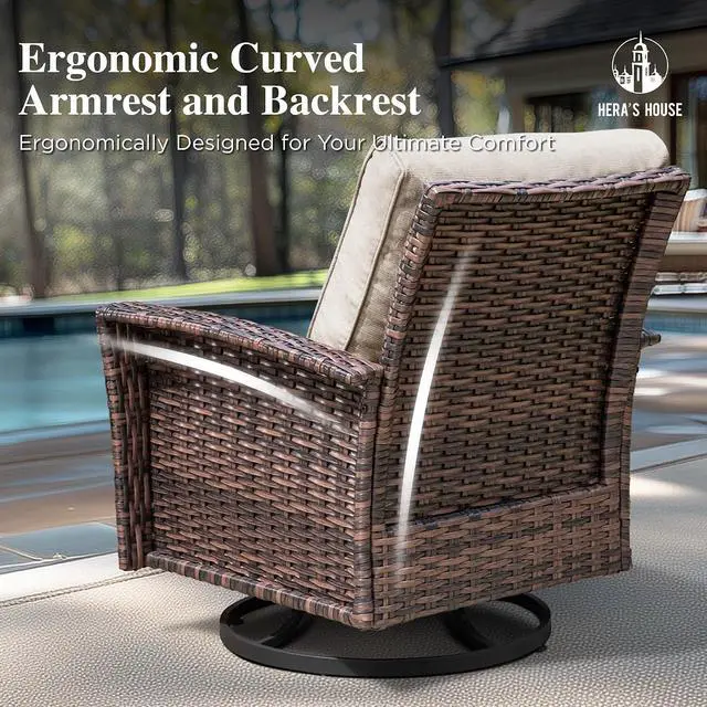 Alt view image 7 of 7 - HERA'S HOUSE Patio Furniture with High Back Swivel Chairs, Beige | Outdoor Wicker Chairs Set of 2 with Coffee Table & 5.5" Thick Cushion, for Deck Porch Lawn Garden