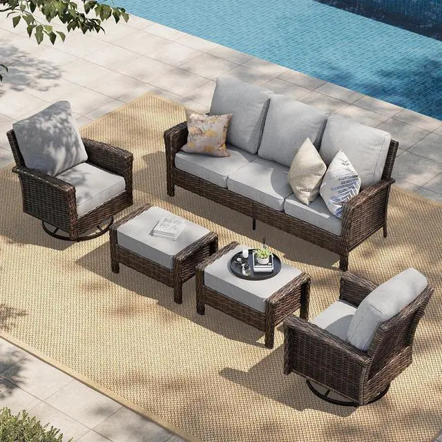 Main image of HERA'S HOUSE 5-Piece Patio Furniture Set with High Back Chairs, Grey | Outdoor Wicker Conversation Sofa Sets w/5.5" Thick Cushions. 2 Swivel Chairs &Couch & 2 Ottomans. for Deck Lawn & Garden