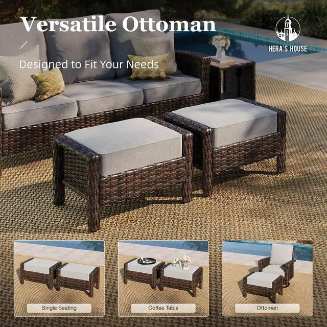 Alt view image 5 of 7 - HERA'S HOUSE 5-Piece Patio Furniture Set with High Back Chairs, Grey | Outdoor Wicker Conversation Sofa Sets w/5.5" Thick Cushions. 2 Swivel Chairs &Couch & 2 Ottomans. for Deck Lawn & Garden