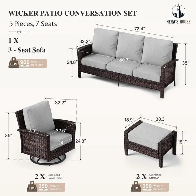 Alt view image 6 of 7 - HERA'S HOUSE 5-Piece Patio Furniture Set with High Back Chairs, Grey | Outdoor Wicker Conversation Sofa Sets w/5.5" Thick Cushions. 2 Swivel Chairs &Couch & 2 Ottomans. for Deck Lawn & Garden