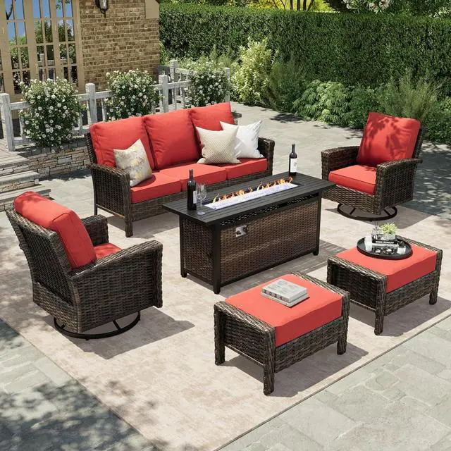 Main image of HERA'S HOUSE 6-Piece Patio Furniture Set with Fire Pit, Red | Outdoor High Back Swivel Chairs w/5.5" Thick Cushion & Ottomans. Brown Wicker Conversation Sofa. for Deck Lawn Garden