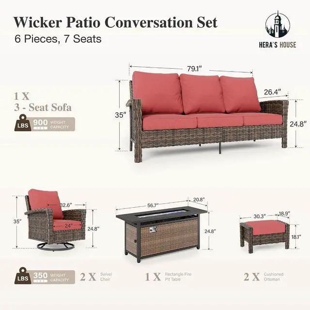 Alt view image 6 of 7 - HERA'S HOUSE 6-Piece Patio Furniture Set with Fire Pit, Red | Outdoor High Back Swivel Chairs w/5.5" Thick Cushion & Ottomans. Brown Wicker Conversation Sofa. for Deck Lawn Garden