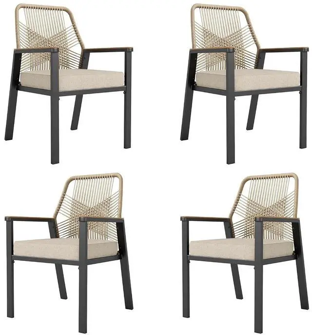 Main image of HERA'S HOUSE Patio Dining Chairs, Set of 4, Wrought Iron & Rattan, Beige | Wicker, heavy-duty outdoor metal chairs support 350lbs. Armrests, Wide seat. All-weather, Rust-resistant for Deck, Garden