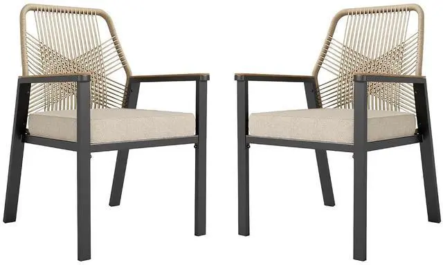 Main image of HERA'S HOUSE Patio Dining Chairs, Set of 2, Wrought Iron & Rattan, Beige | Wicker, heavy-duty outdoor metal chairs support 350lbs. Armrests, Wide seat. All-weather, Rust-resistant for Deck, Garden