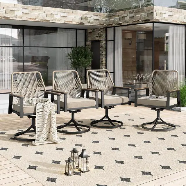 Main image of HERA'S HOUSE Swivel Patio Dining Chairs, Set of 4, Wrought Iron, Beige | Woven rattan, wicker outdoor metal chairs support 350lbs. Armrests, Wide seat. All-weather, Rust-resistant for Deck, Garden