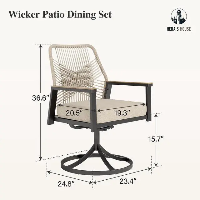 Alt view image 6 of 7 - HERA'S HOUSE Swivel Patio Dining Chairs, Set of 4, Wrought Iron, Beige | Woven rattan, wicker outdoor metal chairs support 350lbs. Armrests, Wide seat. All-weather, Rust-resistant for Deck, Garden
