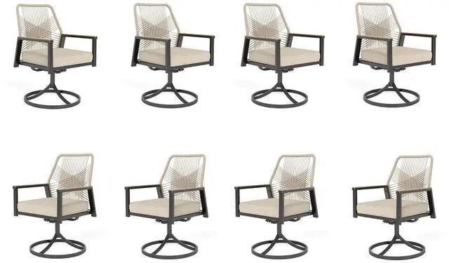 Main image of HERA'S HOUSE Swivel Patio Dining Chairs, Set of 8, Wrought Iron, Beige | Woven rattan, wicker outdoor metal chairs support 350lbs. Armrests, Wide seat. All-weather, Rust-resistant for Deck, Garden