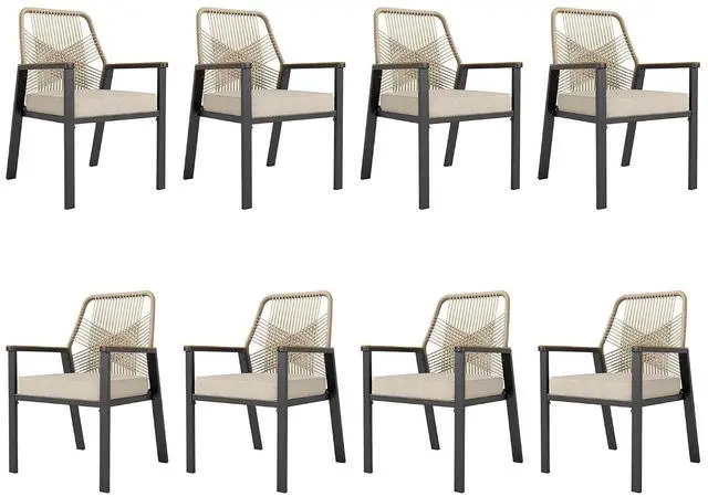Main image of HERA'S HOUSE Patio Dining Chairs, Set of 8, Wrought Iron & Rattan, Beige | Wicker, heavy-duty outdoor metal chairs support 350lbs. Armrests, Wide seat. All-weather, Rust-resistant for Deck, Garden