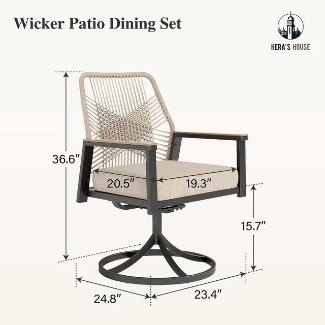 Alt view image 2 of 7 - HERA'S HOUSE Swivel Patio Dining Chairs, Set of 2, Wrought Iron, Beige | Woven rattan, wicker outdoor metal chairs support 350lbs. Armrests, Wide seat. All-weather, Rust-resistant for Deck, Garden