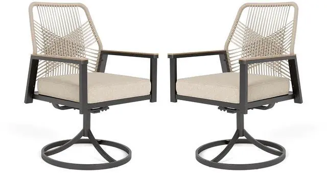 Main image of HERA'S HOUSE Swivel Patio Dining Chairs, Set of 2, Wrought Iron, Beige | Woven rattan, wicker outdoor metal chairs support 350lbs. Armrests, Wide seat. All-weather, Rust-resistant for Deck, Garden