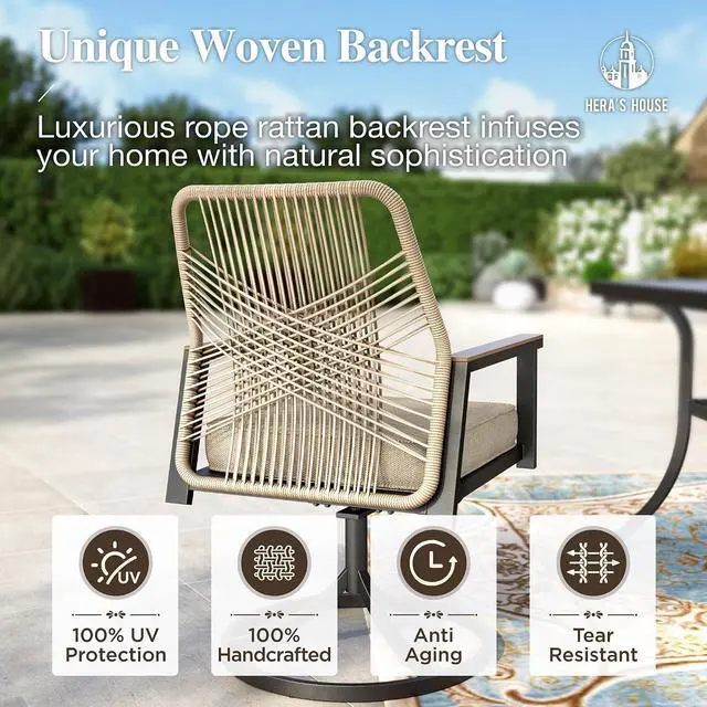 Alt view image 4 of 7 - HERA'S HOUSE Swivel Patio Dining Chairs, Set of 2, Wrought Iron, Beige | Woven rattan, wicker outdoor metal chairs support 350lbs. Armrests, Wide seat. All-weather, Rust-resistant for Deck, Garden