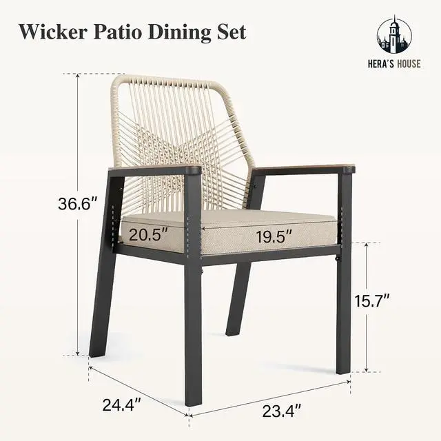 Alt view image 6 of 7 - HERA'S HOUSE Patio Dining Chairs, Set of 2, Wrought Iron & Rattan, Beige | Wicker, heavy-duty outdoor metal chairs support 350lbs. Armrests, Wide seat. All-weather, Rust-resistant for Deck, Garden