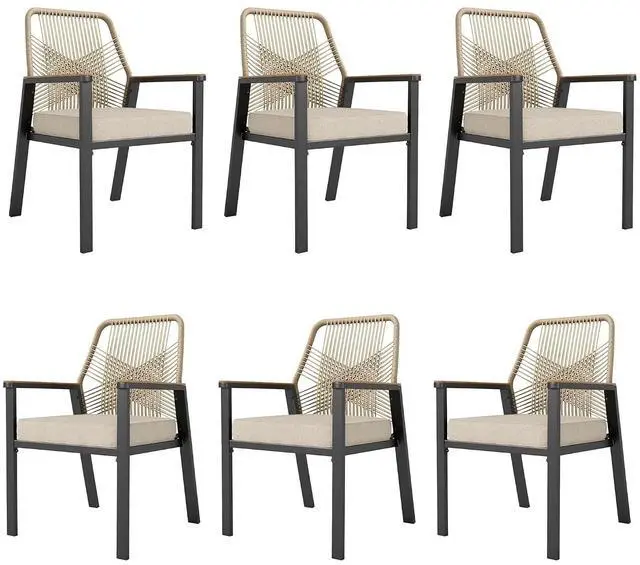 Main image of HERA'S HOUSE Patio Dining Chairs, Set of 6, Wrought Iron & Rattan, Beige | Wicker, heavy-duty outdoor metal chairs support 350lbs. Armrests, Wide seat. All-weather, Rust-resistant for Deck, Garden