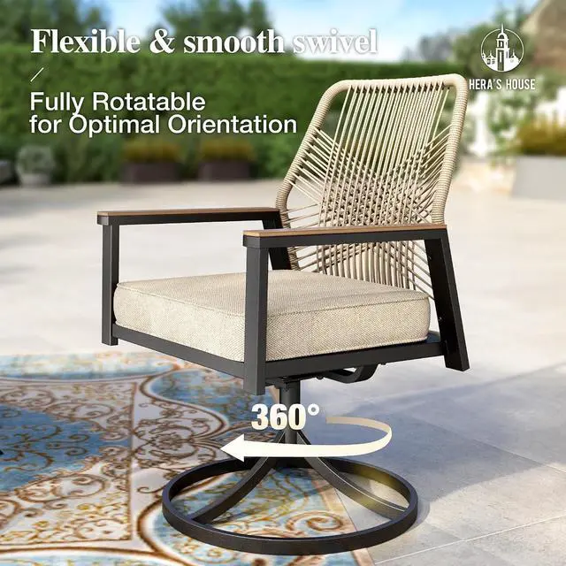 Alt view image 5 of 7 - HERA'S HOUSE Swivel Patio Dining Chairs, Set of 4, Wrought Iron, Beige | Woven rattan, wicker outdoor metal chairs support 350lbs. Armrests, Wide seat. All-weather, Rust-resistant for Deck, Garden