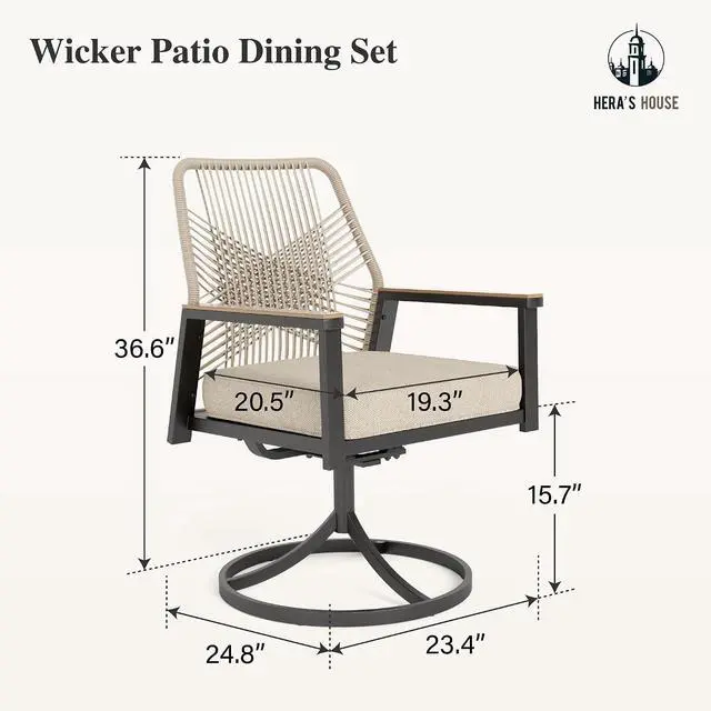 Alt view image 6 of 7 - HERA'S HOUSE Swivel Patio Dining Chairs, Set of 8, Wrought Iron, Beige | Woven rattan, wicker outdoor metal chairs support 350lbs. Armrests, Wide seat. All-weather, Rust-resistant for Deck, Garden