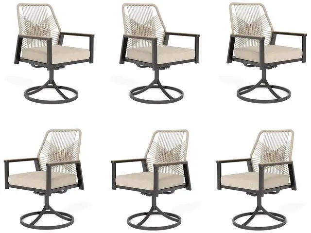 Main image of HERA'S HOUSE Swivel Patio Dining Chairs, Set of 6, Wrought Iron, Beige | Woven rattan, wicker outdoor metal chairs support 350lbs. Armrests, Wide seat. All-weather, Rust-resistant for Deck, Garden