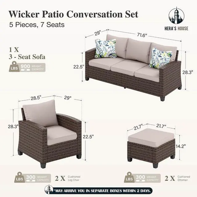 Alt view image 6 of 7 - HERA'S HOUSE Patio Furniture Set, 5 Pieces Outdoor Wicker Furniture | All Weather Rattan Patio Conversation Set, Deep Seating Outdoor Sofa Sets for Lawn Deck Backyard, Brown/Beige