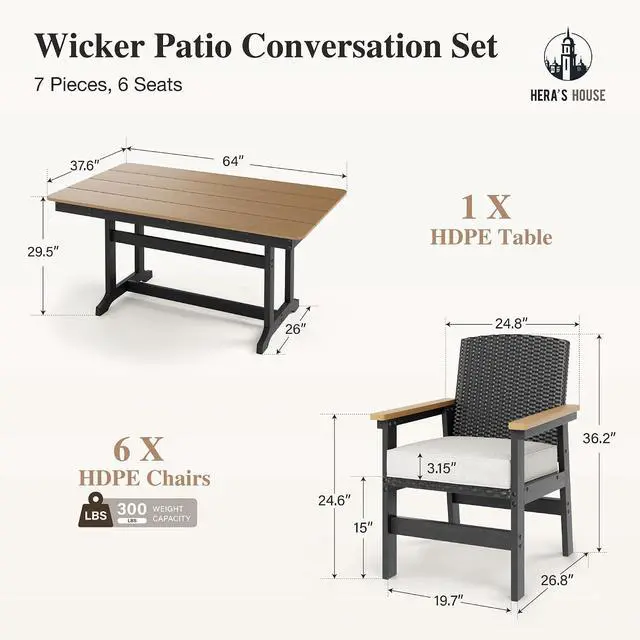 Alt view image 7 of 7 - HERA'S HOUSE 7PC Patio Dining Set for 6, HDPE Outdoor Table & 6 Chairs | 64" Rectangle table, cushioned wicker chairs. Waterproof, stain-resistant & wipe-clean. All-weather for backyard, poolside
