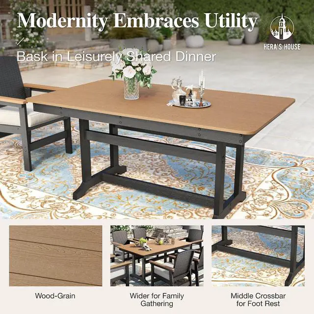 Alt view image 5 of 7 - HERA'S HOUSE 7PC Patio Dining Set for 6, HDPE Outdoor Table & 6 Chairs | 64" Rectangle table, cushioned wicker chairs. Waterproof, stain-resistant & wipe-clean. All-weather for backyard, poolside