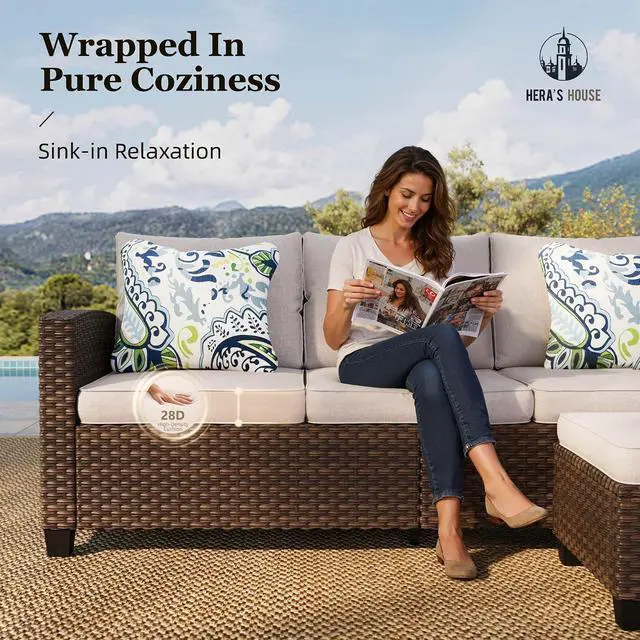Alt view image 5 of 7 - HERA'S HOUSE Outdoor Patio Sofa, 3-Seat Wicker Couch with Waterproof Thick Cushions, Deep Seating Furniture for Garden Porch Backyard, Beige