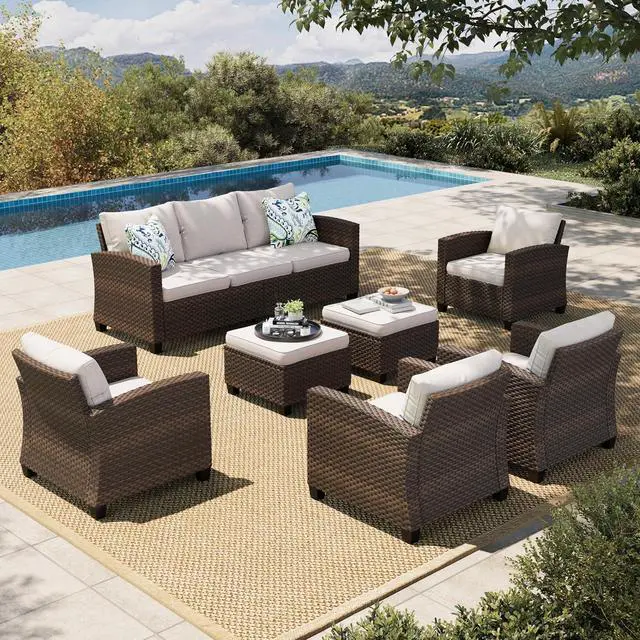 Main image of HERA'S HOUSE Outdoor Patio Furniture Set,7 Pieces Wicker Conversation Sets | Outside Sectional Deep Seating Sofa Set for Lawn Backyard Porch, Brown/Beige